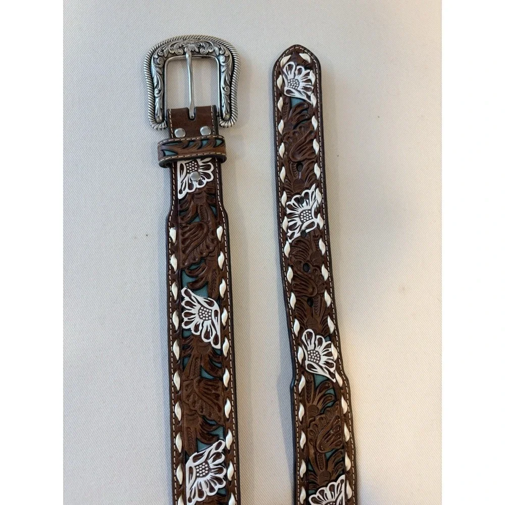NWT Nocona XL Tooled Leather Western Belt Floral Turquoise Inlay 1.5